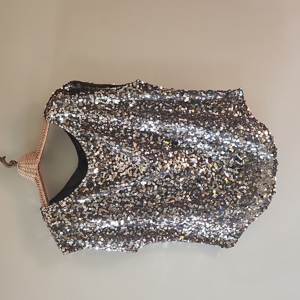 Victoria's Secret gray silver sequin large capped sleeve top